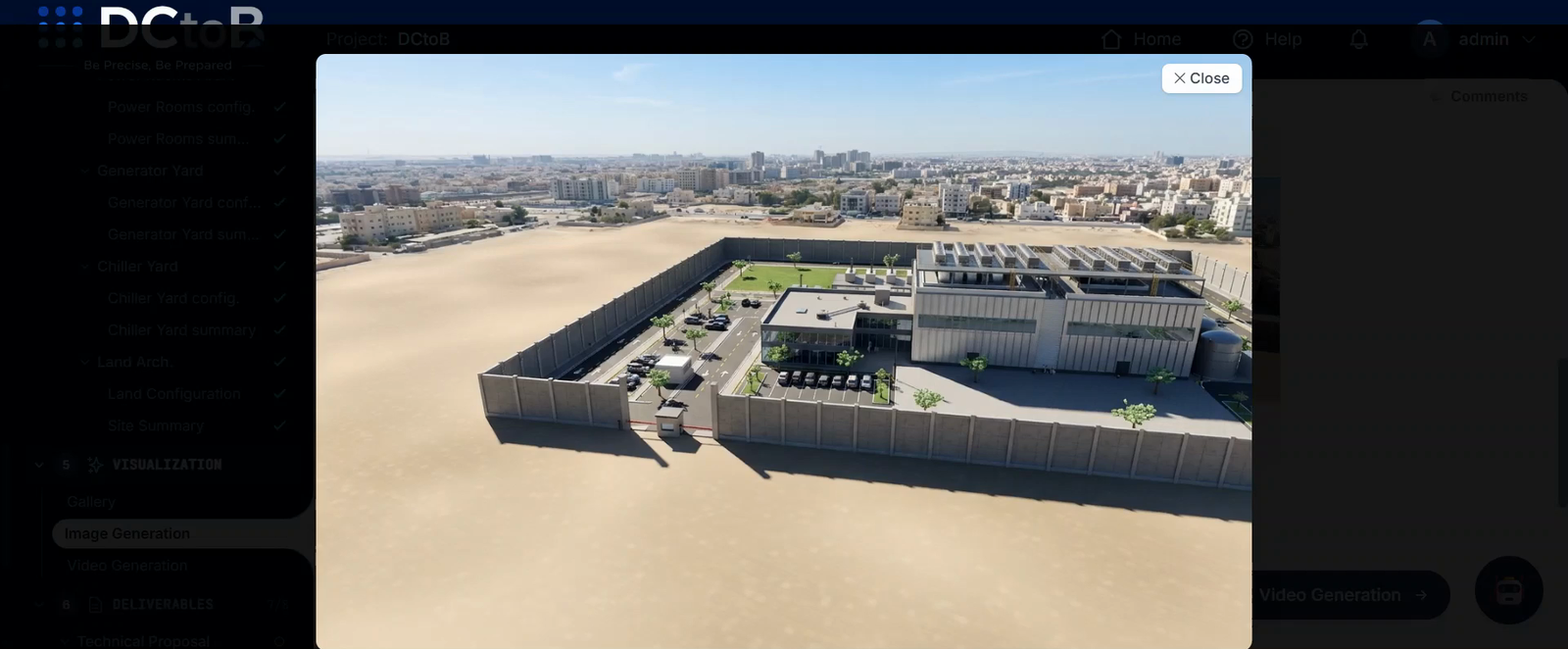 Data center test-fit shown as a 3D site model in DCtoB